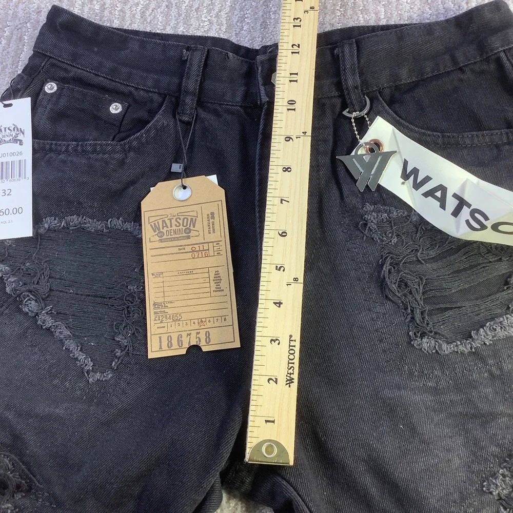 Watson Denim Mens 32 x‎ 29 Black Distressed Embroidered Graphic Jeans NWT
